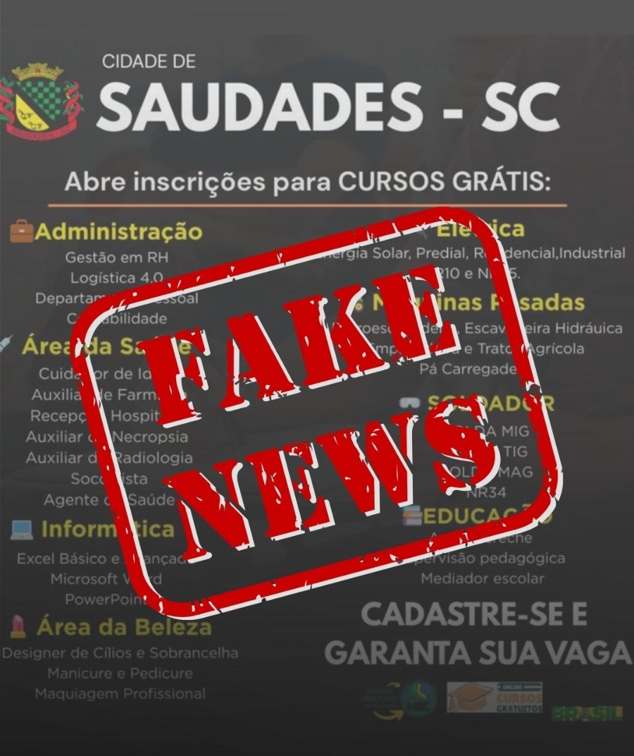Prefeitura de Saudades alerta para anúncios falsos de cursos gratuitos