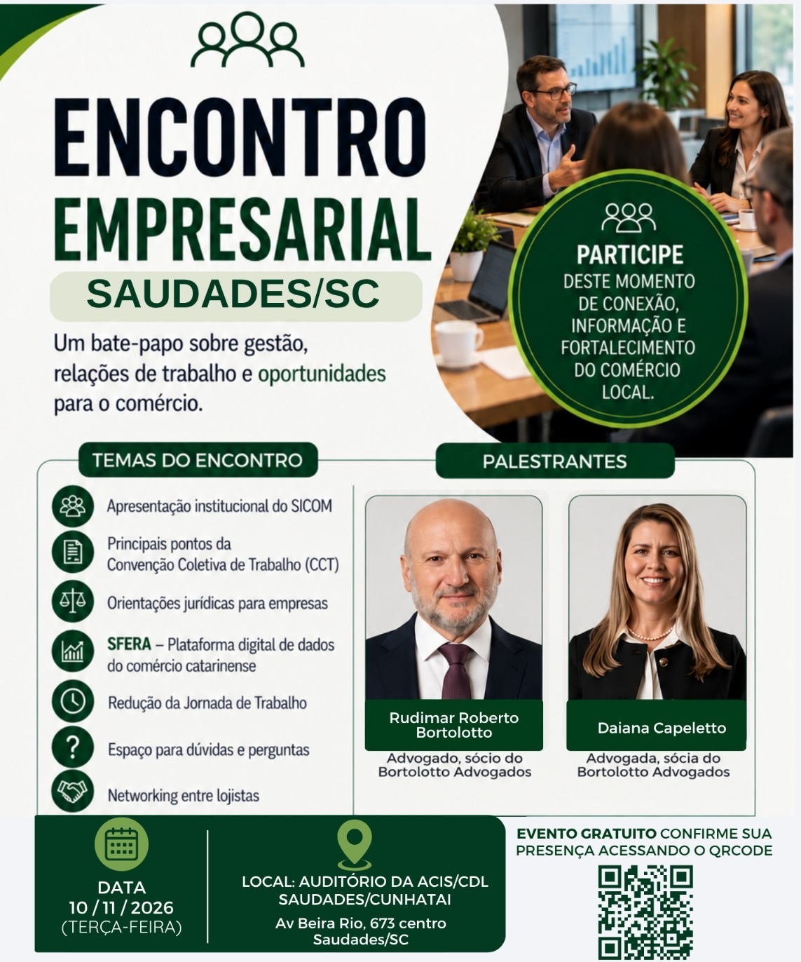 Encontro empresarial em Saudades vai abordar legislação trabalhista e oportunidades para o comércio