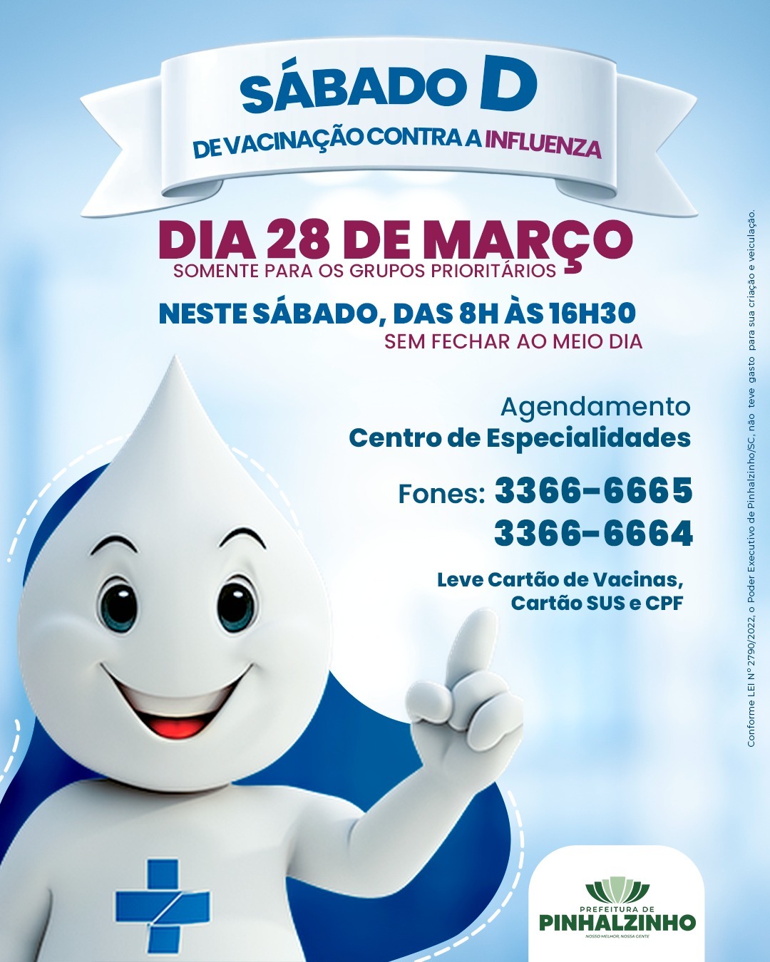 Vacinação contra a gripe em Pinhalzinho exige agendamento