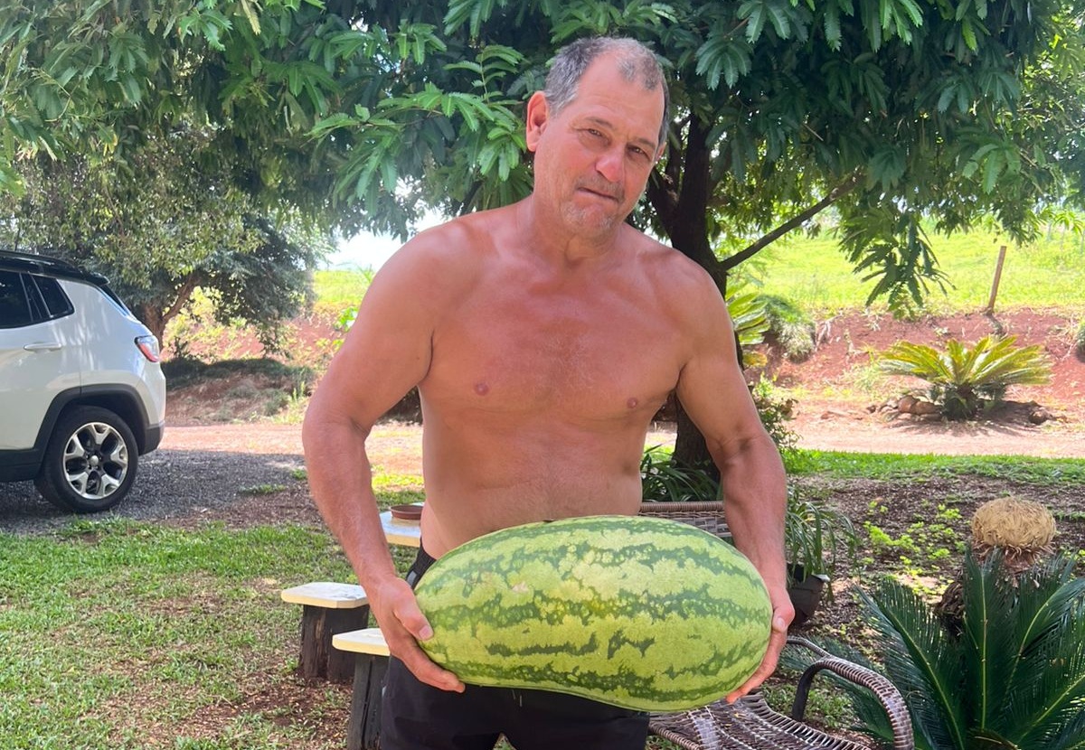 Agricultor colhe melancia de 20 kg no dia do seu aniversário