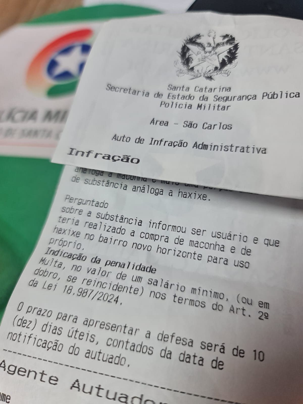 Com lei recém-implementada, PM de São Carlos aplica sua primeira multa por uso de drogas