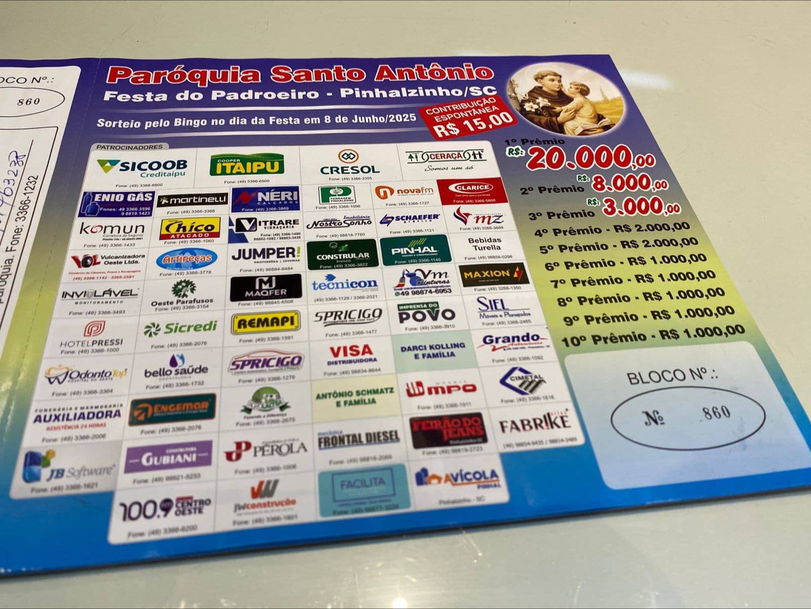 Rifa da festa do padroeiro em Pinhalzinho tem R$40 mil em prêmios