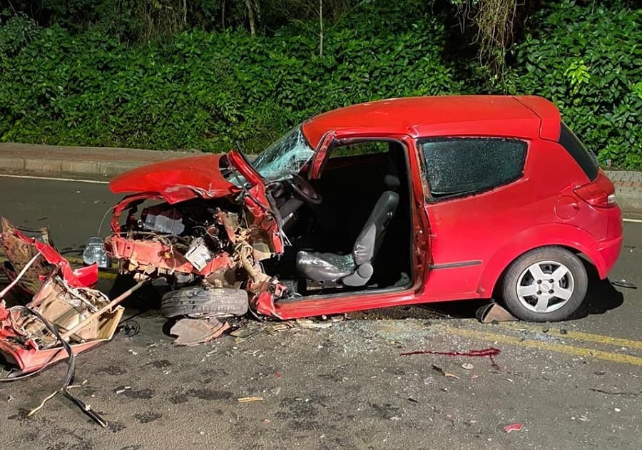 Mulher estava no veículo e chegou a ser socorrida, mas não resistiu aos ferimentos (Foto: Corpo de Bombeiros)