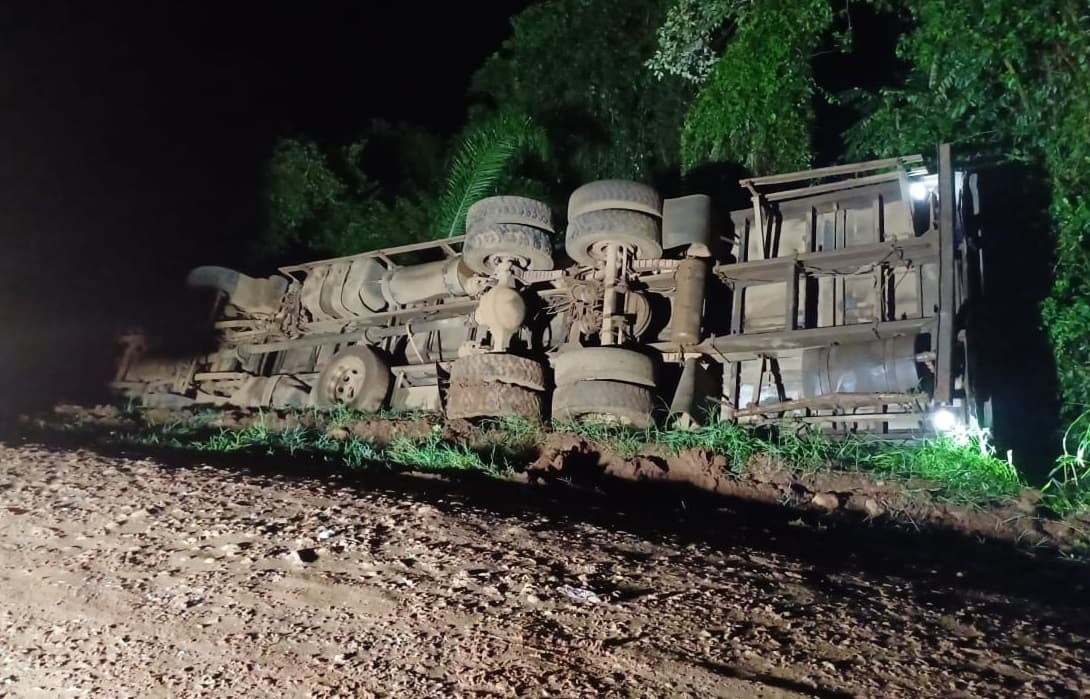 Caminhão que fazia o transporte de porcos tomba em União do Oeste