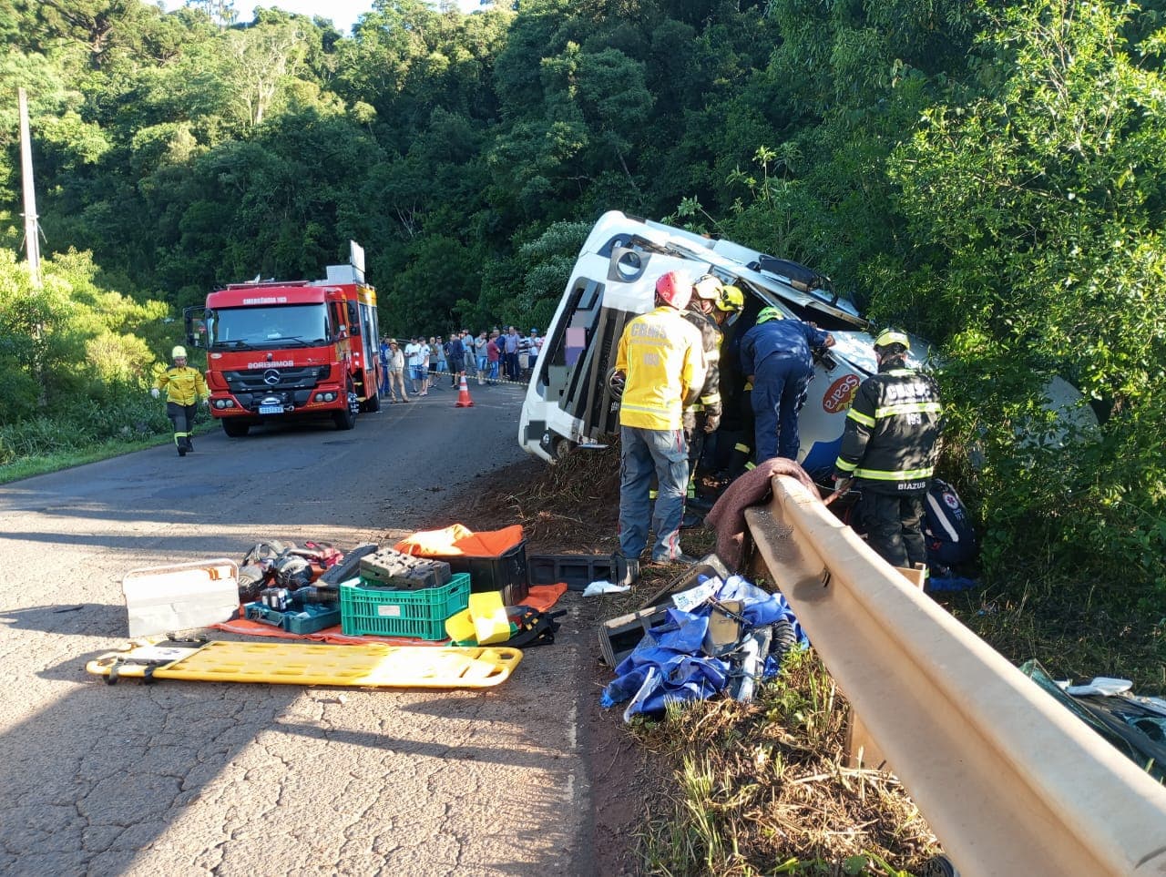 Caminhão tomba na SC-155, sentido Xavantina (Foto: Bombeiros )