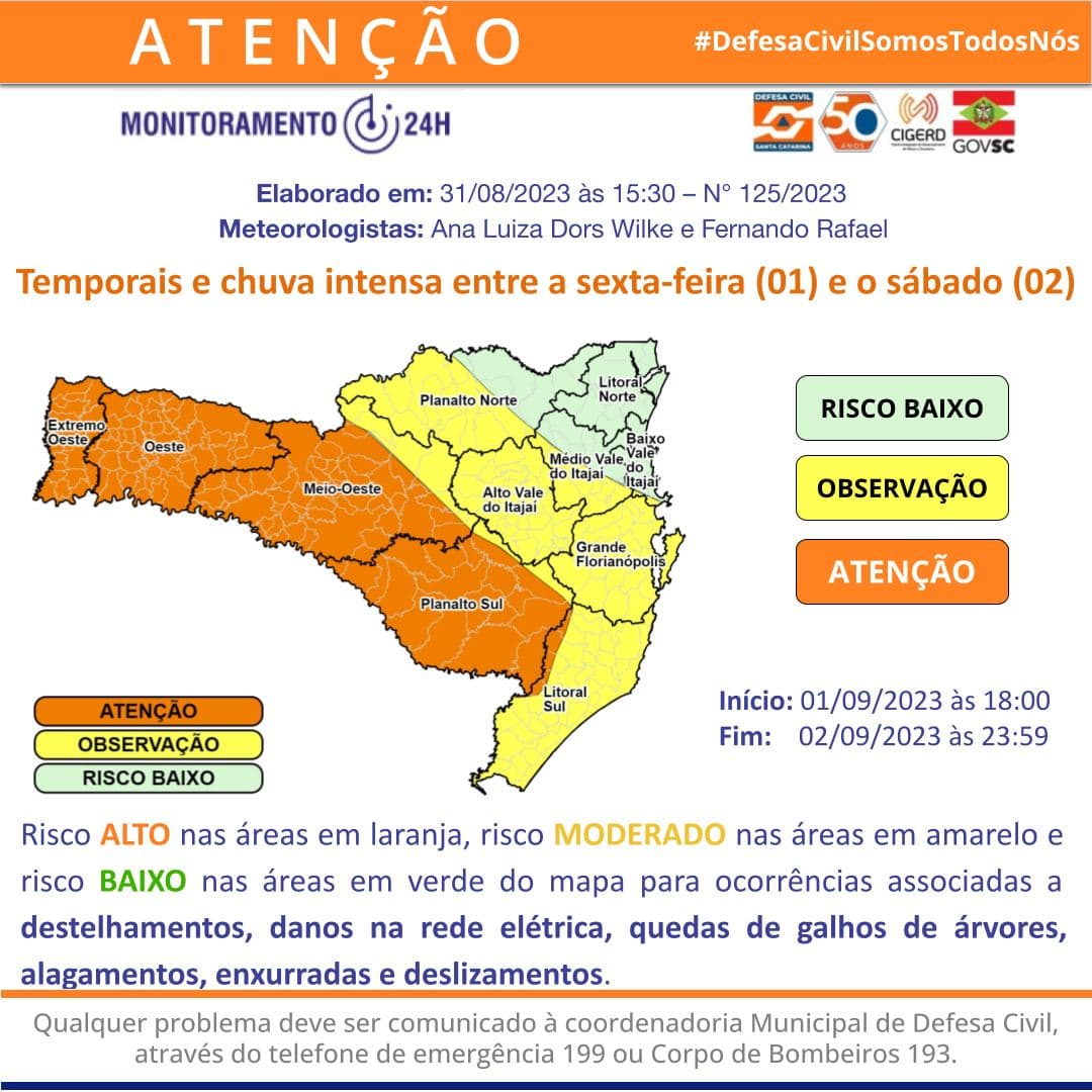 Defesa Civil alerta para risco de temporais severos em Santa Catarina