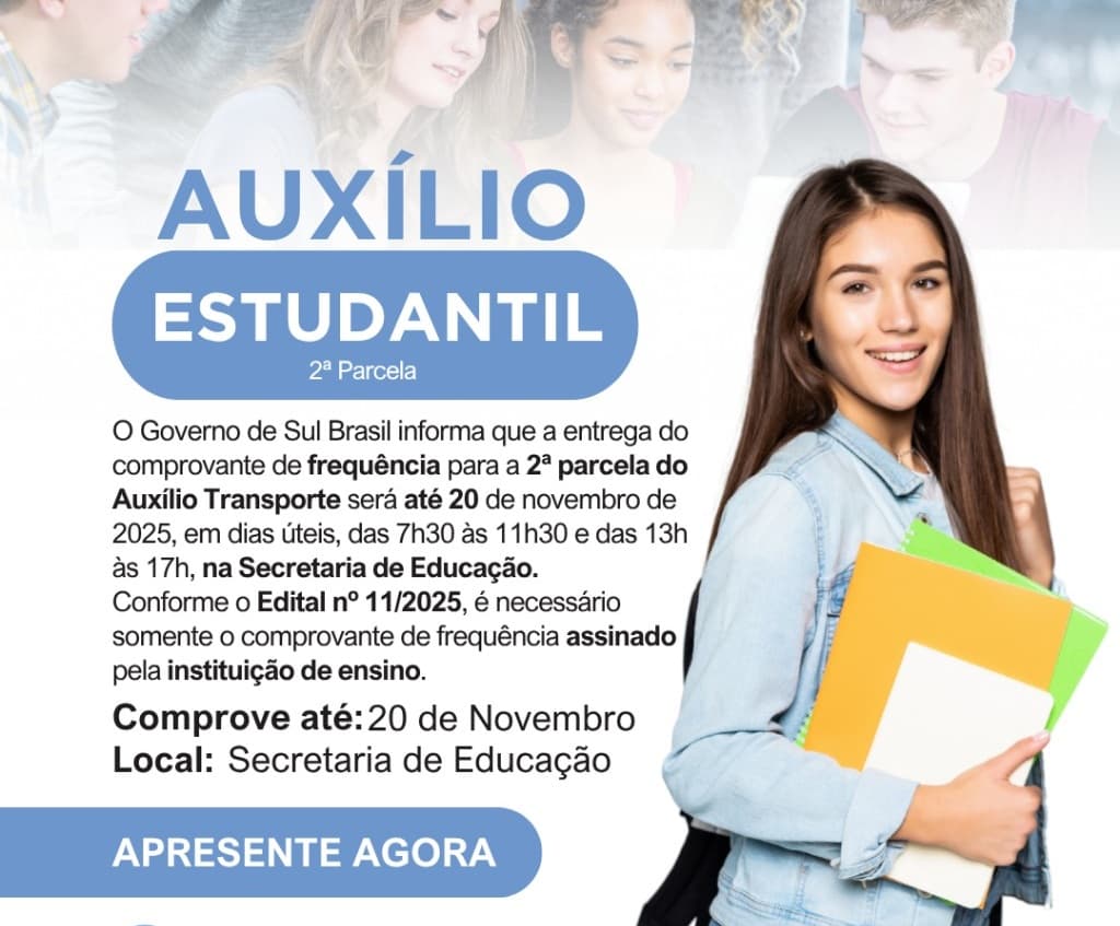 Prazo para entrega do comprovante de frequência do Auxílio Transporte segue até 20 de novembro em Sul Brasil