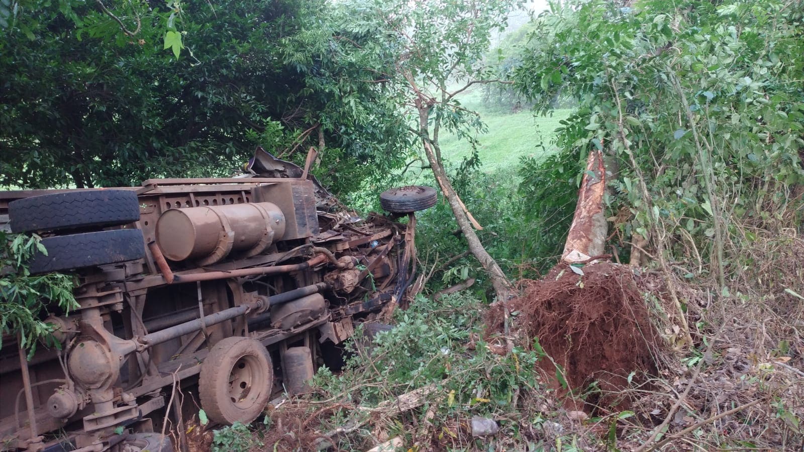 Caminhão sofreu danos ao cair em "perau" (Foto: Polícia Militar Rodoviária)