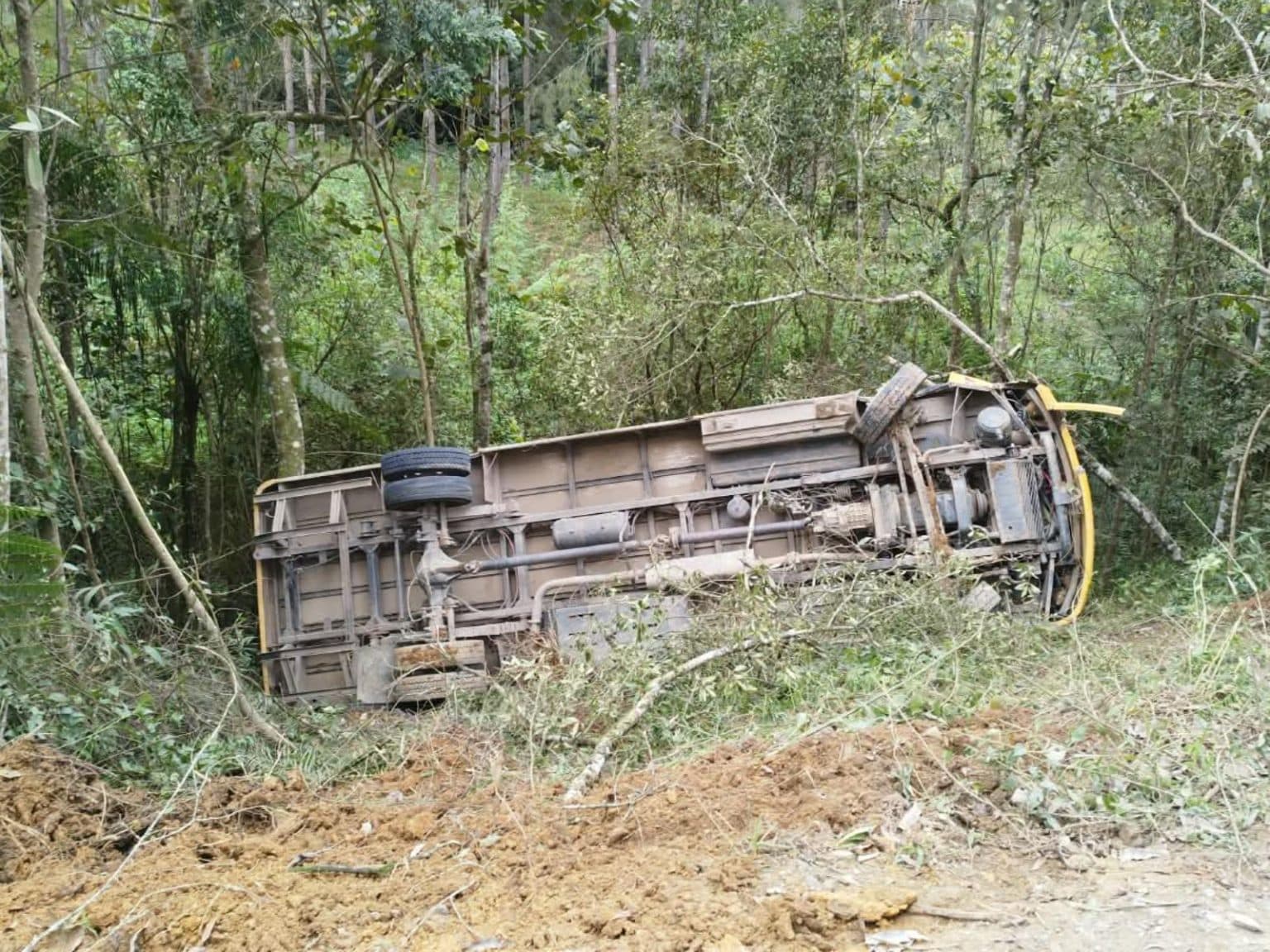Ônibus escolar tomba em ribanceira enquanto transportava 10 crianças em SC (Foto por CBM/ND)