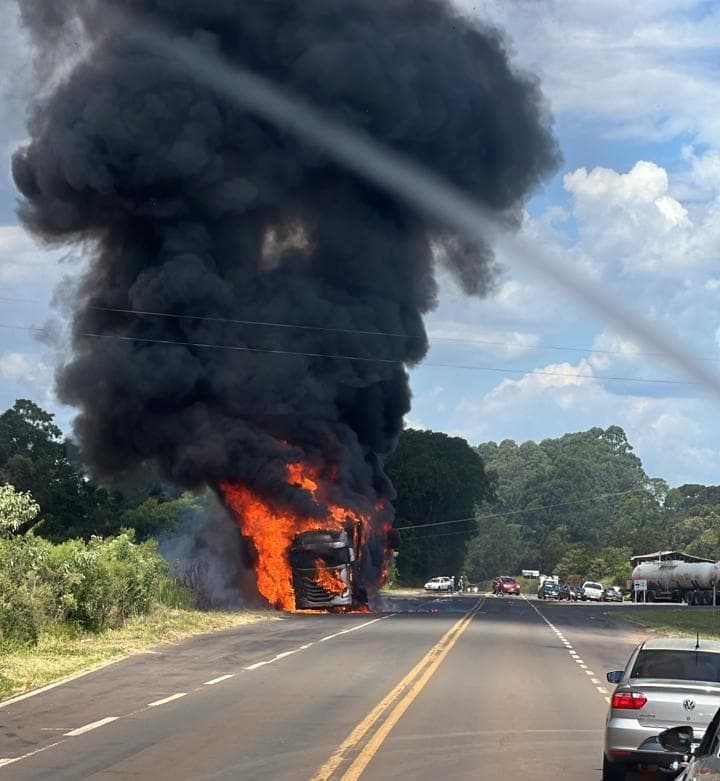Carreta de câmara fria fica destruída após incêndio na BR-280 (Foto por Reprodução)