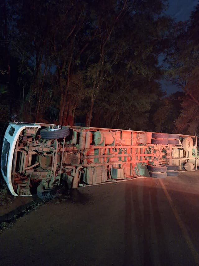 Caminhão de suínos tomba em Caibi