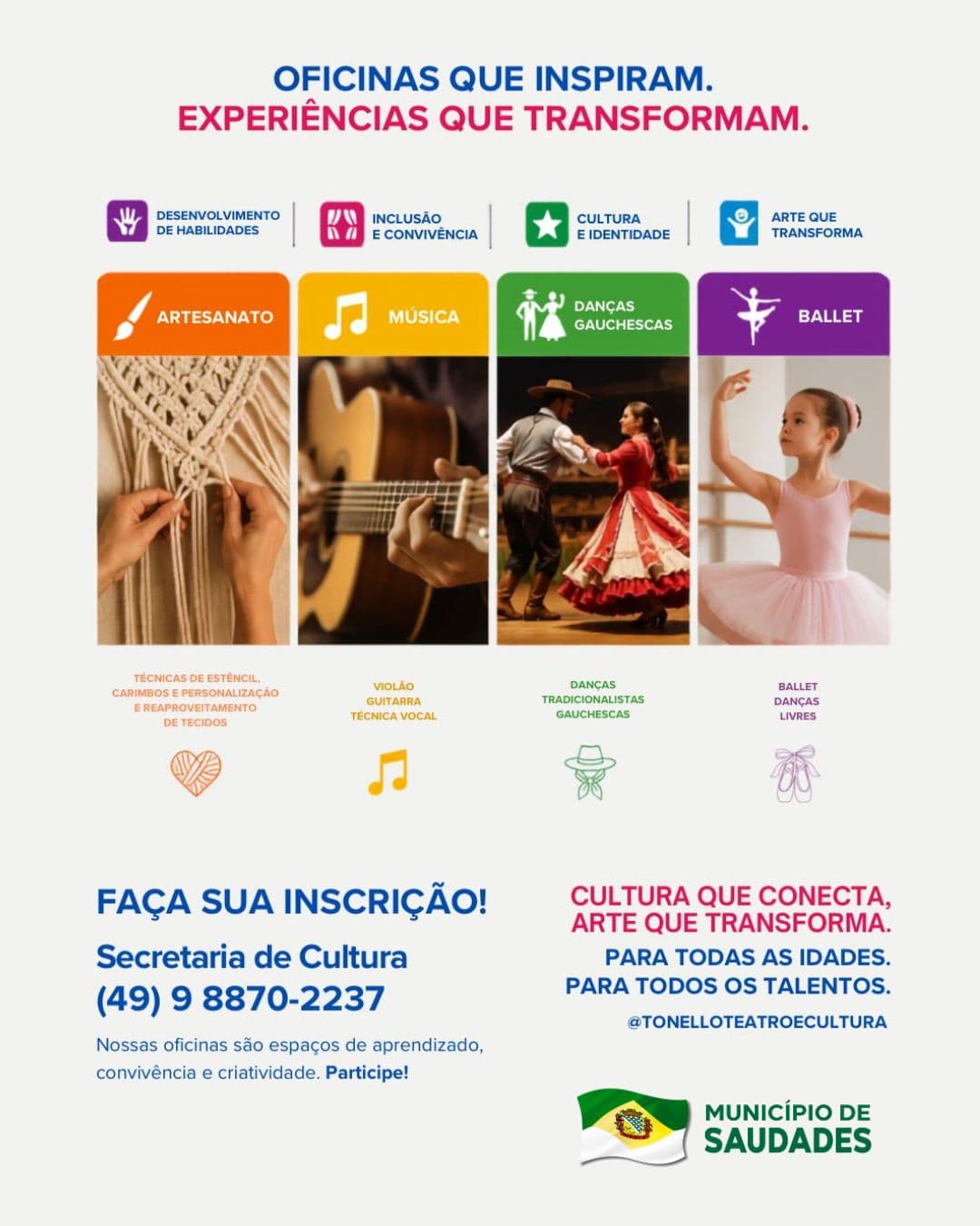 Saudades abre inscrições para oficinas culturais de 2026