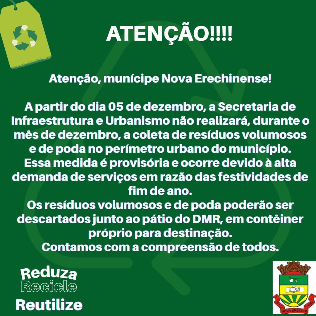 Coleta de resíduos volumosos e poda é suspensa em Nova Erechim durante o mês de dezembro