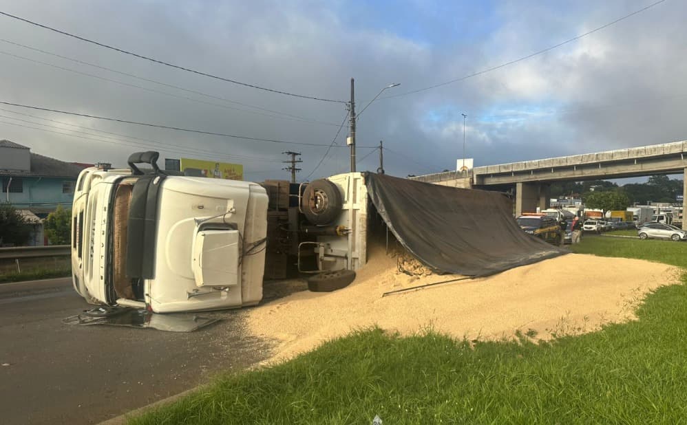Veículo carregado com farelo de soja se acidentou (Foto por PRF)