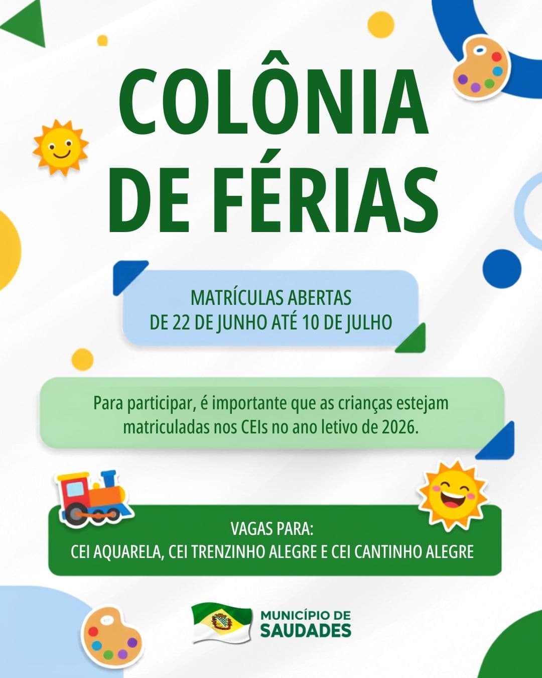 Saudades abre inscrições para a Colônia de Férias 2026 nos Centros de Educação Infantil