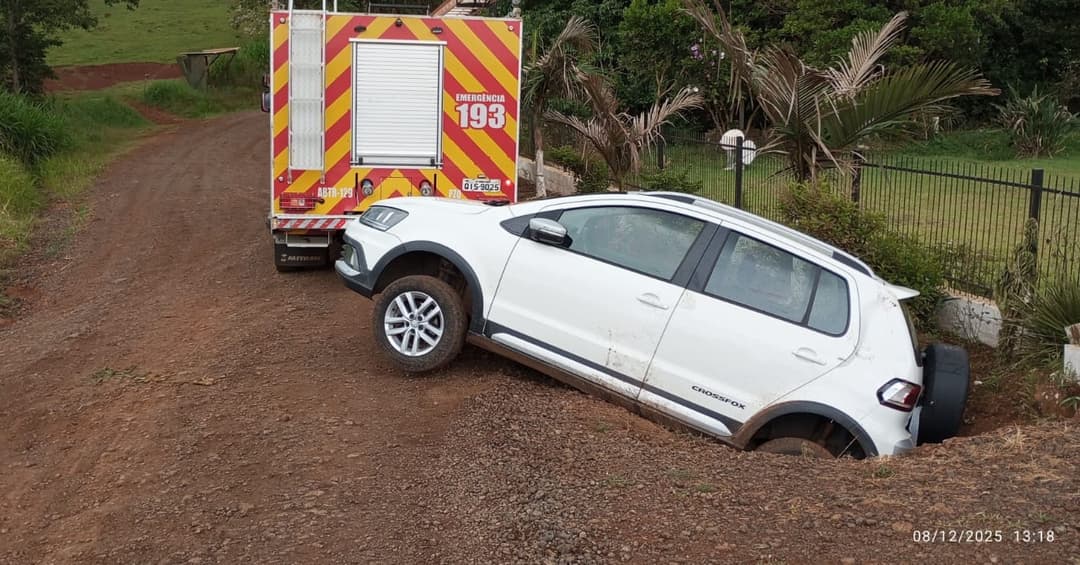 Carro cai em vala na Linha Anta Gorda em Pinhalzinho