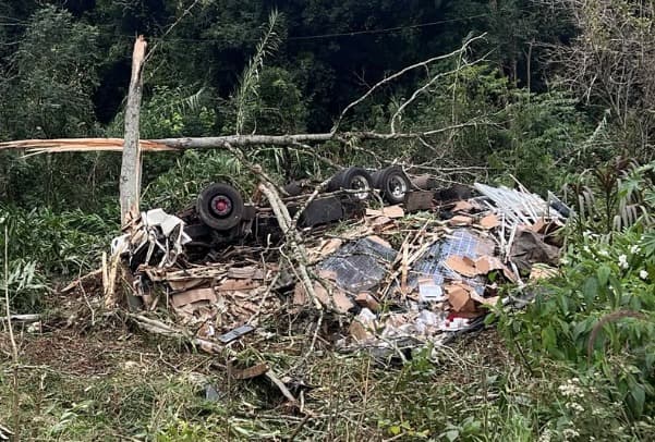 Motorista morre após caminhão sair da pista, atingir postes e tomba