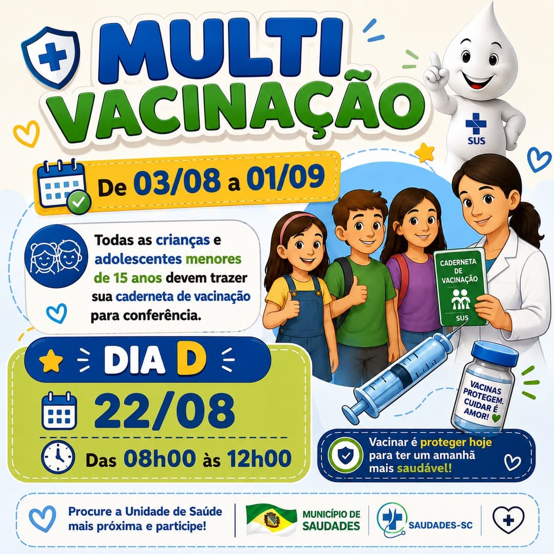 Campanha de multivacinação mobiliza crianças e adolescentes para atualização da caderneta de vacinas em Saudades