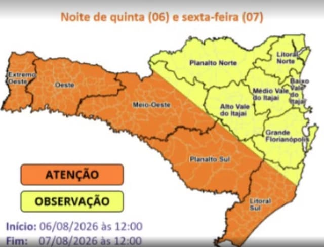 Frente fria com risco de temporais e ventos fortes coloca Oeste de Santa Catarina em alerta