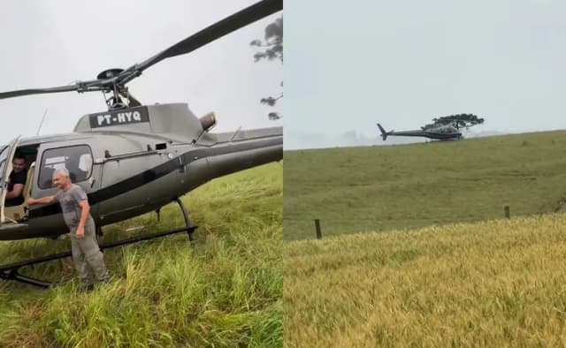 Piloto pousa helicóptero em lavoura antes de tempestade