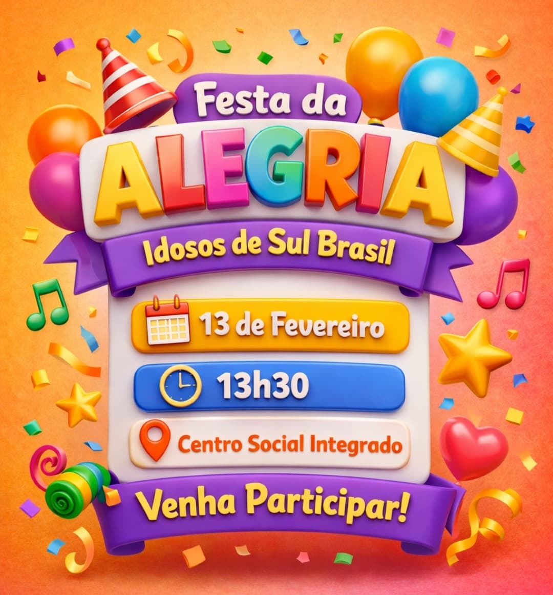 Festa da Alegria levará música, dança e confraternização aos idosos de Sul Brasil