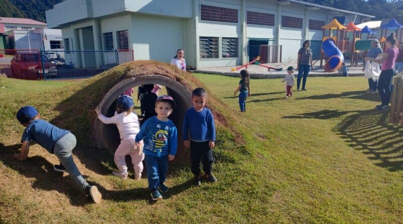 Crianças da Educação Infantil brincando no novo espaço da escola (Foto: Ascom União do Oeste )