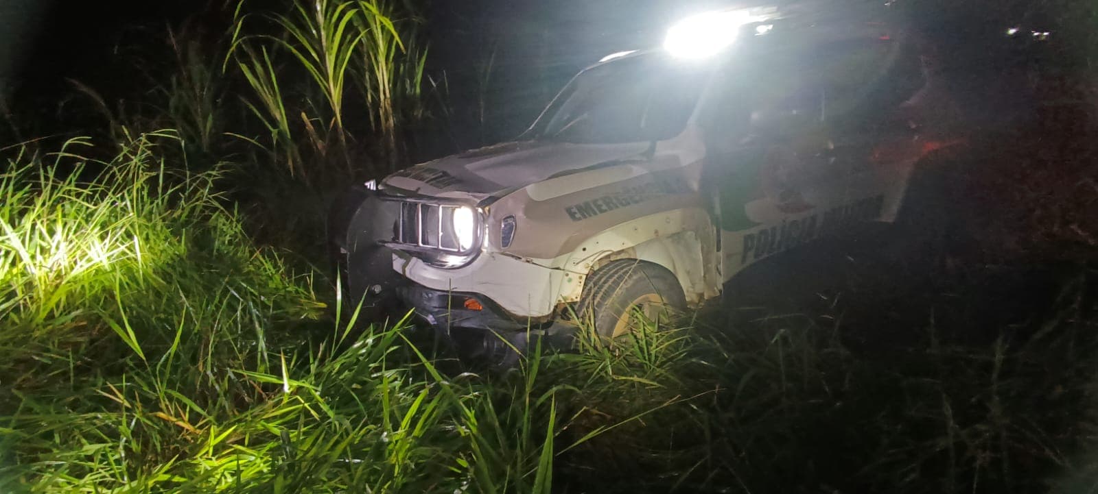 Viatura parou no meio de matagal (Foto: Polícia Militar Rodoviária)