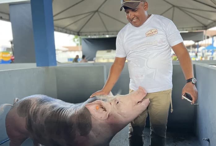 Criador de porcos afirma que é o animal é maior do estado (Foto: Caíque Rodrigues / G1)