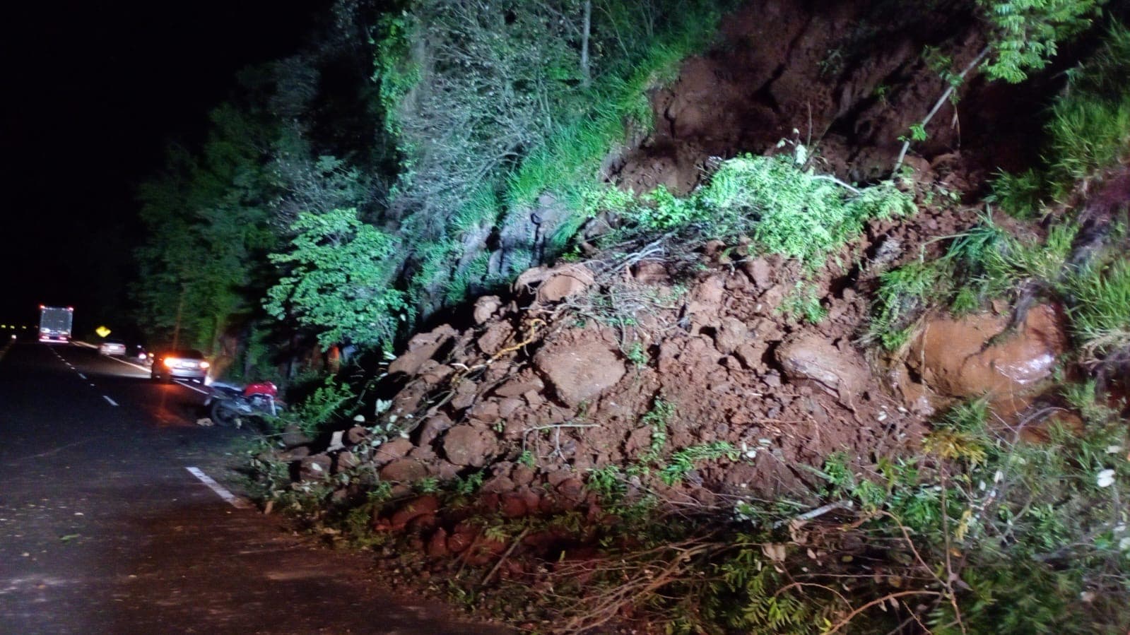 Pedras e terra tomaram conta do asfalto (Foto: Corpo de Bombeiros)
