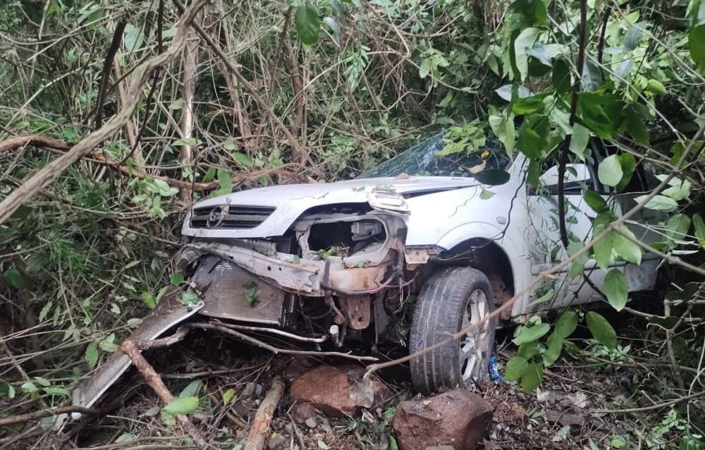 Carro parou entre árvores (Foto: Corpo de Bombeiros)