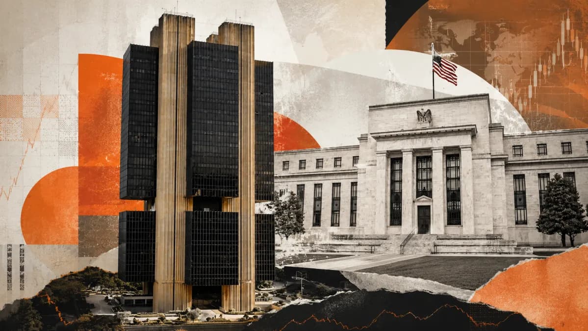 Imagem gerada por IA do Banco Central, em Brasília, e o Federal Reserve (Foto por IA/CNN)